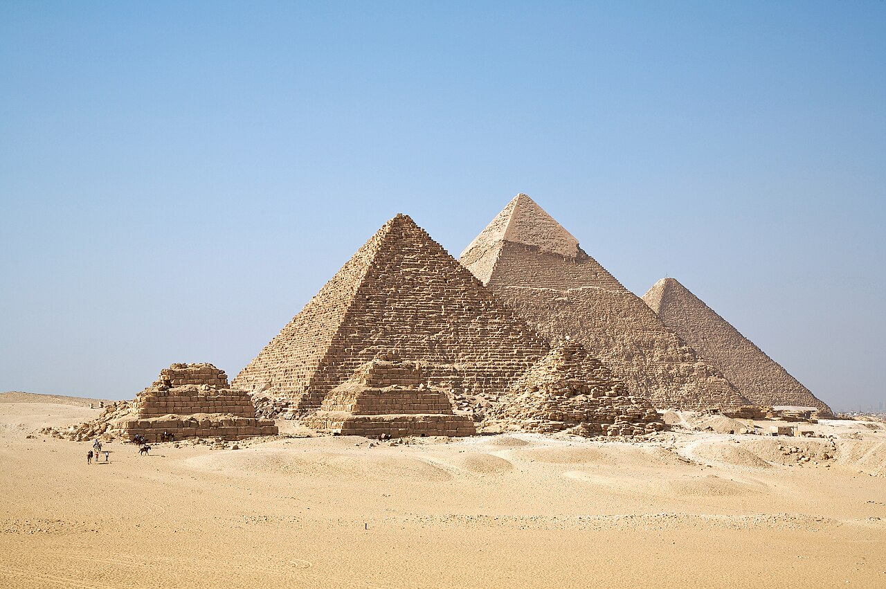 The pyramids of Giza on the desert plateau